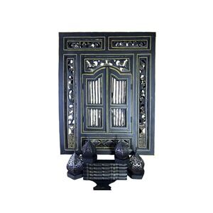 Statement 3 Foot Moroccan Black Gold Carved Wood Mirror With Opening Doors